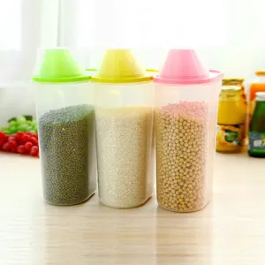 Transparent plastic cereal grain storage container with colorful lid for kitchen organization.