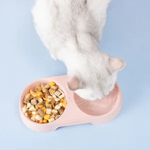 Macaron pink plastic double pet bowl with cat food and water, simple anti-overturning design.