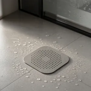 Close-up detail of a gray silicone square floor drain cover hair catcher on tiled floor.