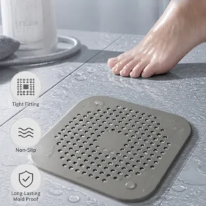 Silicone square floor drain cover for bathroom shower, anti-clogging hair catcher gray mat