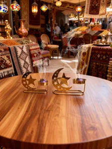 Golden metal star moon incense burner set, Arabic bakhoor cresset for home decoration.