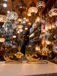 Gold hollow star moon incense burner Arabic censer metal tabletop decor for home interior.