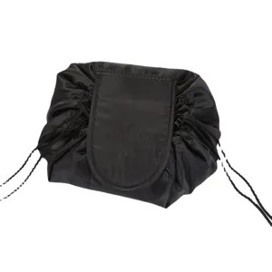 Black lazy drawstring cosmetic bag, portable travel makeup storage pouch for daily use.