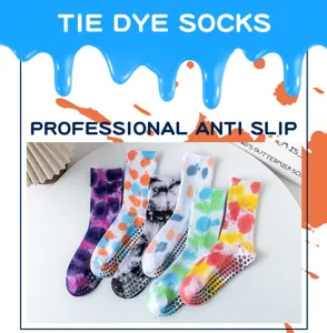 Tie dye non slip yoga socks with grip dots for pilates, fitness and indoor sports use.