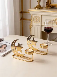 Gold metal moon star tea light candle holder set for Ramadan Eid holiday home table decor.