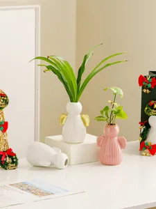 Ceramic angel vase set cute desktop floral arrangement home decor cozy room ornament white pink