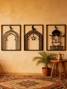 Set of 3 black metal wall art pieces, Middle Eastern Islamic architectural design for home decor.