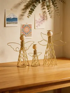 Modern iron and wood angel tabletop ornament set, minimalist wire art home decor sculpture.