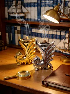 Set bruciatore di incenso in ceramica ippocampo oro e argento stile europeo dettaglio.