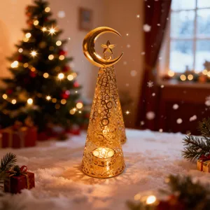 Close-up detail of the golden metal hollow cone Christmas tree candle holder with moon star.