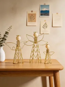 Modern iron wood angel desktop ornament, minimalist line art decor crafts for home tabletop living room.