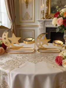 Detailed view of gold metal crescent moon star candle holder set with tea light for home decor.