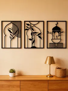Set of 3 black metal wall art pieces featuring Arabic Islamic architecture and botanical designs.
