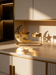 Golden star and crescent metal candle holder detail view, elegant Ramadan home decor item.