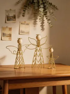 Wire wooden angel figurine tabletop decor, minimalist gold art ornament for home office.
