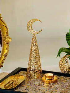 Gold metal hollow Christmas tree candle holder set with crescent moon and tray for home decor.