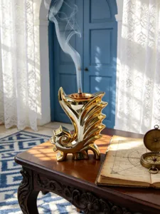 Bruciatore di incenso in ceramica ippocampo dorato europeo stile mediterraneo decoro