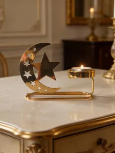 Gold metal star moon candle holder detail view, elegant Ramadan table decor festive home aesthetic.