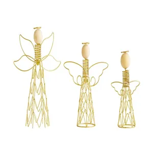 Gold wire iron and wooden angel table ornament modern art home decor sculpture set