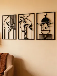 Middle Eastern style black metal wall art decor, minimalist geometric plant hanging set of 3.