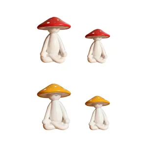 Detailed view of the cute meditating mushroom figurines set, showcasing intricate resin details.