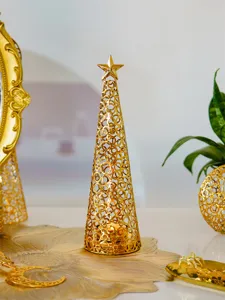 Gold metal Christmas tree candle holder with star top, hollow design for holiday wedding decor.