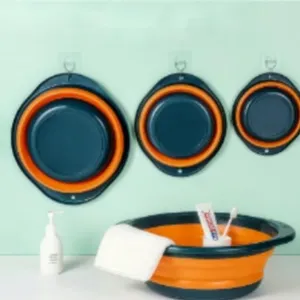 Portable collapsible basin for outdoor travel, space-saving folding washing bucket for home use.