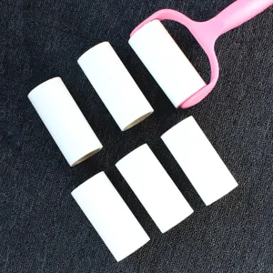 Lint roller with 5 refill rolls, pet hair remover, sticky clothes cleaner, tearable paper core.