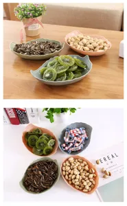 Creative leaf-shaped plastic fruit dish, candy-colored snack plate for seeds and nuts.