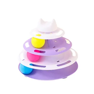 Multi-tier cat toy track with colorful rolling balls, durable plastic pet toy for fun.