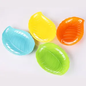 Colorful plastic leaf shaped fruit candy snack plates set of four pieces for home kitchen use