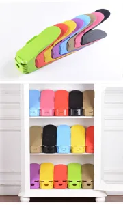 Primo piano dettagliato di supporti per scarpe doppi in plastica regolabili per la casa.