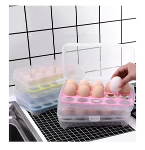Stackable 15-grid plastic egg storage box with lid, clear kitchen refrigerator crisper container.
