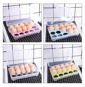 Detailed close-up view showing multi-color stackable plastic 15-grid egg box with lid.