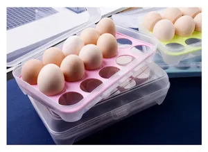 Stackable 15-grid plastic egg storage box detail view for kitchen refrigerator use.