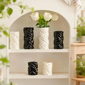 Modern ceramic woven pattern cylinder vase black and white home decor flower arrangement