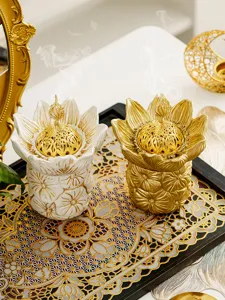 Arabic style flower incense burner set, gold white lotus ceramic aroma diffuser for home decor.