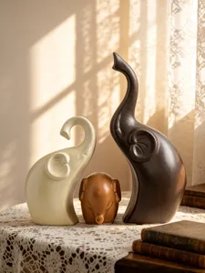 Minimalist ceramic elephant family ornament desktop decor sculpture set for home decoration