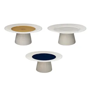 Modern rayed ceramic cake stand detail, elegant pedestal dish for dessert and fruit presentation.