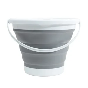 Portable collapsible bucket for home and outdoor use, plastic folding water container, grey and white.