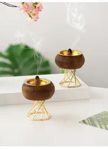 Wooden incense burner with golden metal stand for home decor meditation aromatherapy table