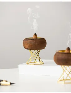 Wooden and gold metal cone incense burner for home tabletop decoration aromatherapy 1pc