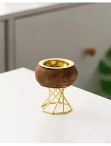 Wooden Arabic incense burner with golden metal geometric stand home desktop decorative aroma stove