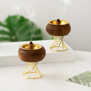 Wooden Incense Burner With Gold Metal Geometric Stand Arabic Style Aromatherapy Diffuser For Home Office Desktop Decor Gift