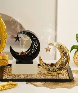 Middle Eastern metal crescent incense burner, hollow desktop aromatherapy cone holder for home decor.