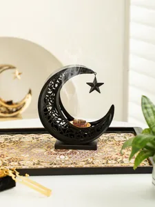 Black metal crescent moon star incense burner Middle Eastern Ramadan table decor aromatic tray