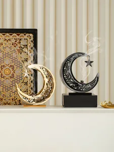 Metal crescent moon incense burner set, hollow carved desktop aromatherapy decor for home.
