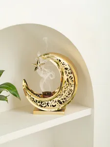 Golden hollow crescent incense burner arabic metal tabletop aroma censer with hanging star decor