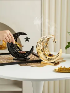 Metal moon incense burner arabic hollow backflow cone holder home decor tabletop ornament