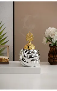 Modern ceramic incense burner with gold lid silver yarn ball design home aromatherapy decor
